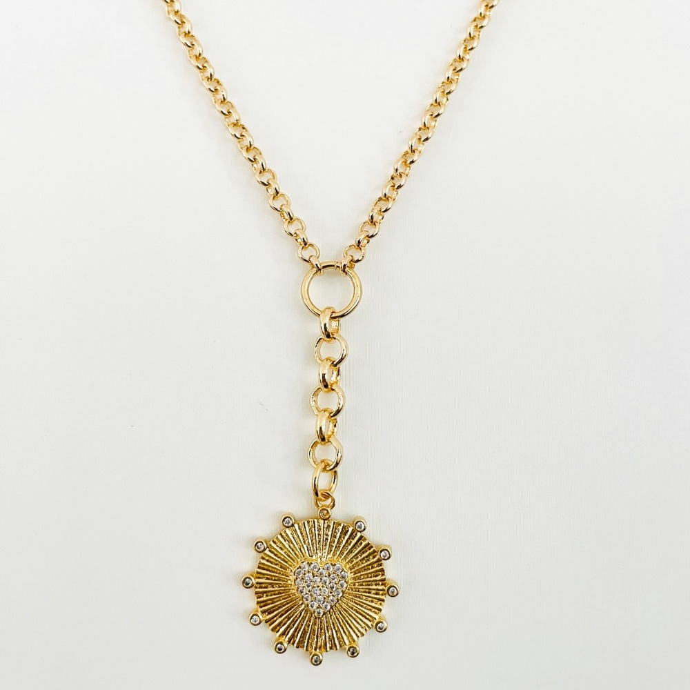 Rolo Belcher Chain Pave CZ Heart Pendant Necklace Gold Medallion Charm Lariat